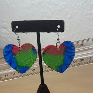 Handmade Heart Dangle Earrings in Blue, Green & Red